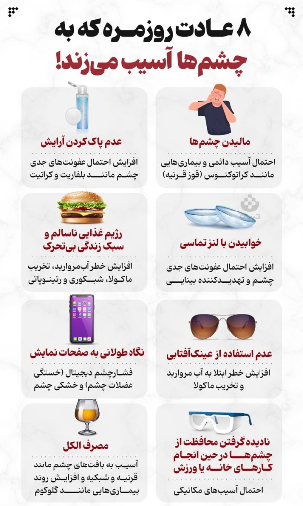۸ عادت روزمره که به چشم‌ها آسیب می‌زند!+اینفوگرافی
